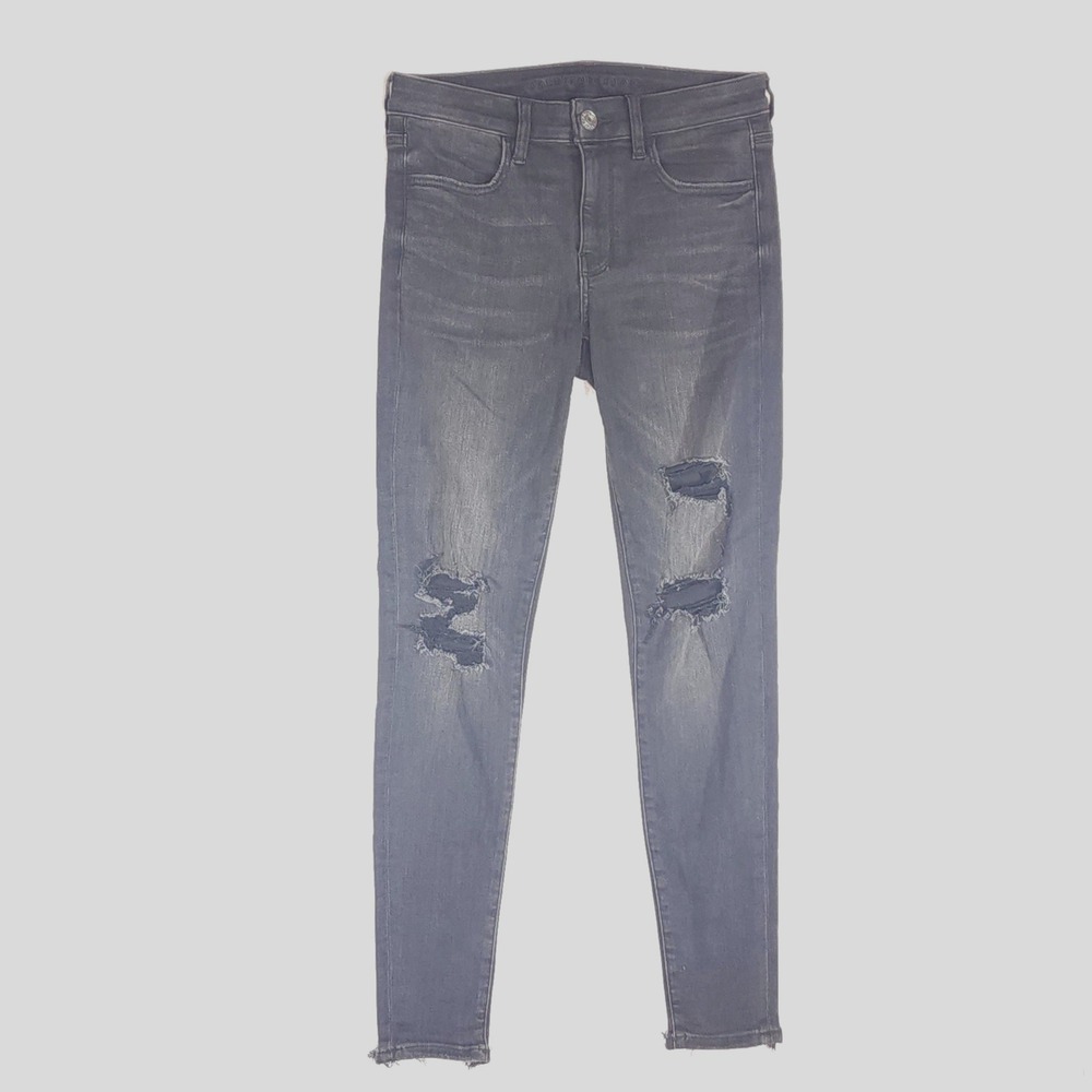 American Eagle Next Level Stretch High Rise Skinny Jeans Sz 6 Reg Black Distress